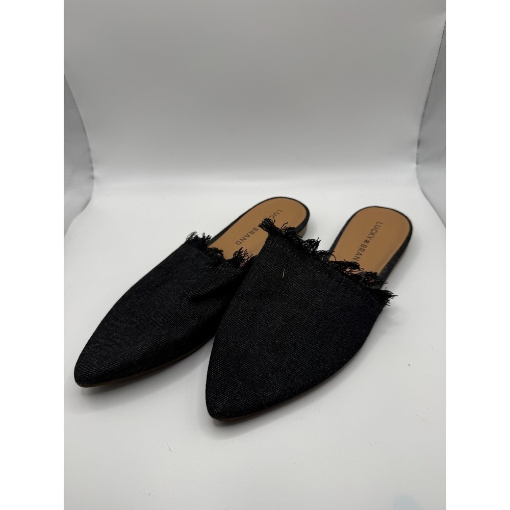 Lucky Brand Bapsee Womens US 7 M Comfort Shoes Black Denim Slip On Fringe Mule